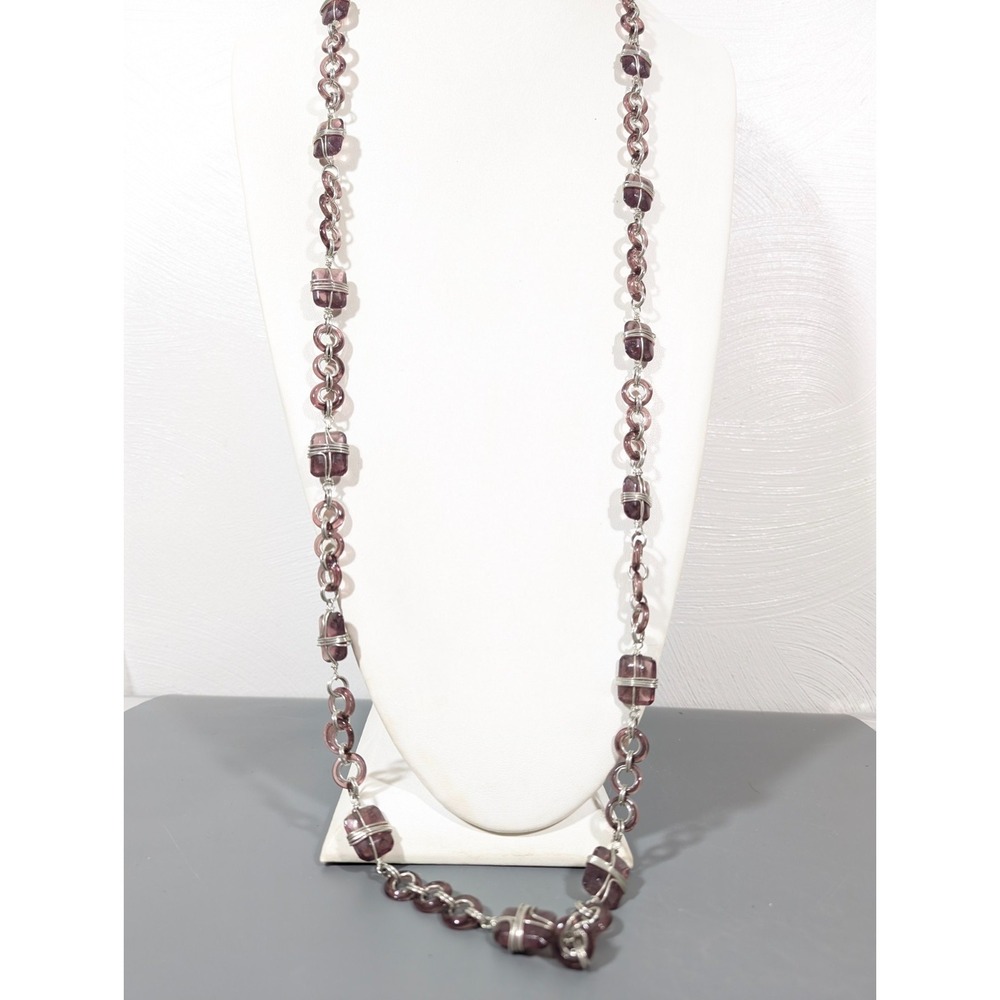 Beachy Boho Purple Square Circle Glass Bead‎ Long Necklace 46 in